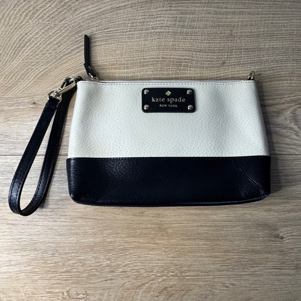 Kate Spade New York Bicolor Black White Leather Wristlet Pouch Clutch Monochrome